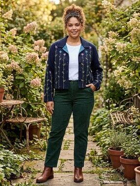 Bleu Bayou black cotton button up floral embroidered cropped jacket, size Large